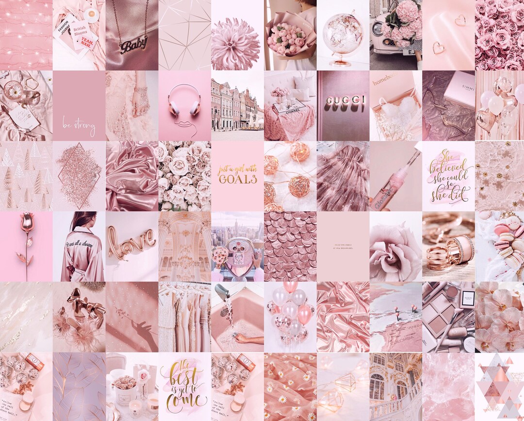 Photo Wall Collage Kit Rose Gold, Dusty Pink Aesthetic set of 60 Photos