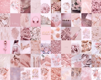 Puede incluir: Un collage estético rosa y dorado con imágenes de flores, joyas, moda y citas inspiradoras. El collage está formado por 36 cuadrados individuales.