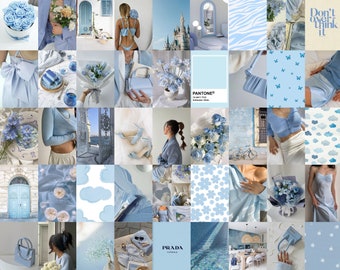 Puede incluir: Un collage de imágenes en tonos azules, con flores, accesorios de moda, decoración del hogar y patrones abstractos. El collage incluye una puerta azul, un vestido azul, un bolso azul, un ramo de flores azules y un patrón a rayas azul y blanco.