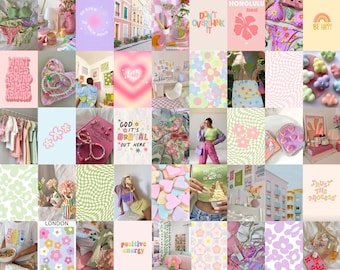 Puede incluir: Un collage de imágenes con una gama de colores pastel. Las imágenes incluyen flores, corazones, nubes y texto. El texto incluye frases como "Sé amable con tu mente", "No lo pienses demasiado", "Dios, es brutal aquí", "Confía en el proceso" y "Energía positiva".