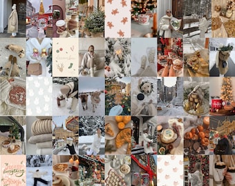 Puede incluir: Un collage de imágenes que muestran escenas de invierno, interiores acogedores y decoraciones festivas. Las imágenes incluyen paisajes cubiertos de nieve, árboles de Navidad, casas de jengibre, tazas de chocolate caliente y personas disfrutando de la temporada de invierno. El tema general es las vacaciones de invierno y el ambiente acogedor del invierno.