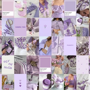 Könnte beinhalten: Eine Collage aus Bildern in Violetttönen, die Blumen, Kleidung, Accessoires und Wohnaccessoires zeigen. Die Bilder zeigen Lavendelblüten, ein violettes Kleid, einen violetten BH, eine violette Kerze, einen violetten Bademantel und ein violettes Zimmer.