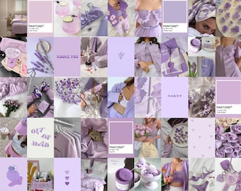 Puede incluir: Un collage de imágenes en tonos morados, con flores, ropa, accesorios y decoración del hogar. Las imágenes incluyen flores de lavanda, un vestido morado, un sujetador morado, una vela morada, una bata morada y una habitación morada.