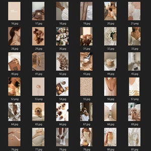 May include: A collection of images featuring a variety of aesthetic themes, including neutral colors, minimalist design, and natural elements. The images include a variety of objects, such as flowers, books, coffee, and clothing.