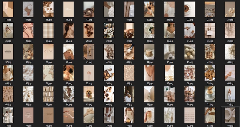May include: A collection of images featuring a variety of aesthetic themes, including neutral colors, minimalist design, and natural elements. The images include a variety of objects, such as flowers, books, coffee, and clothing.