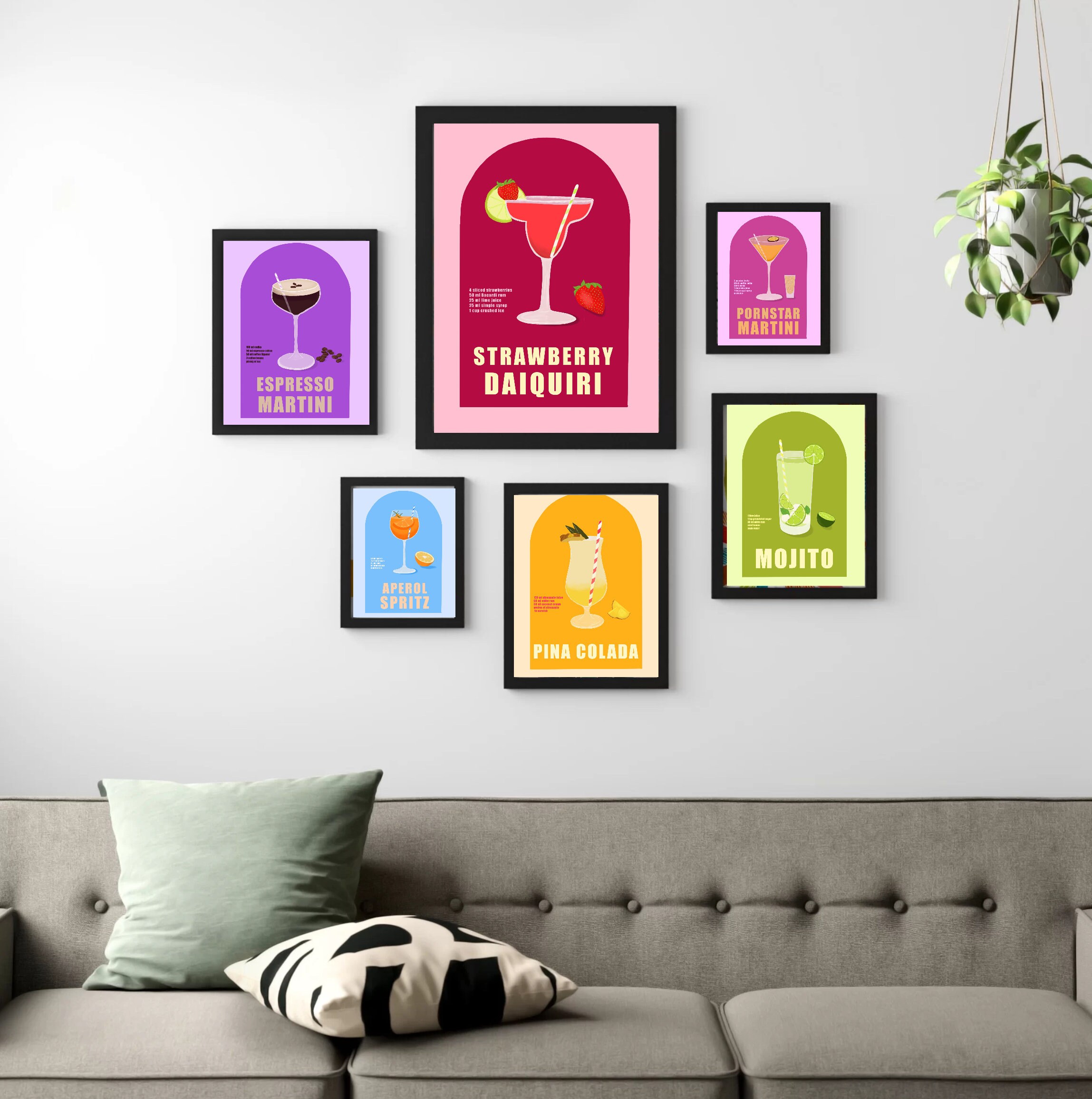 Cocktail Prints Set of 6, Bar Cart Wall Art, Retro Poster Aesthetic ...