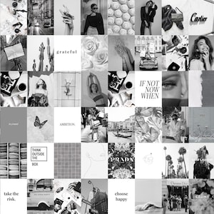 Op de afbeelding: Een zwart-witte collage van afbeeldingen met verschillende thema's, waaronder mode, reizen en inspirerende citaten. Sommige van de teksten omvatten "grateful", "ambition", "think outside the box", "if not now when", "take the risk", "choose happy" en "Vogue".