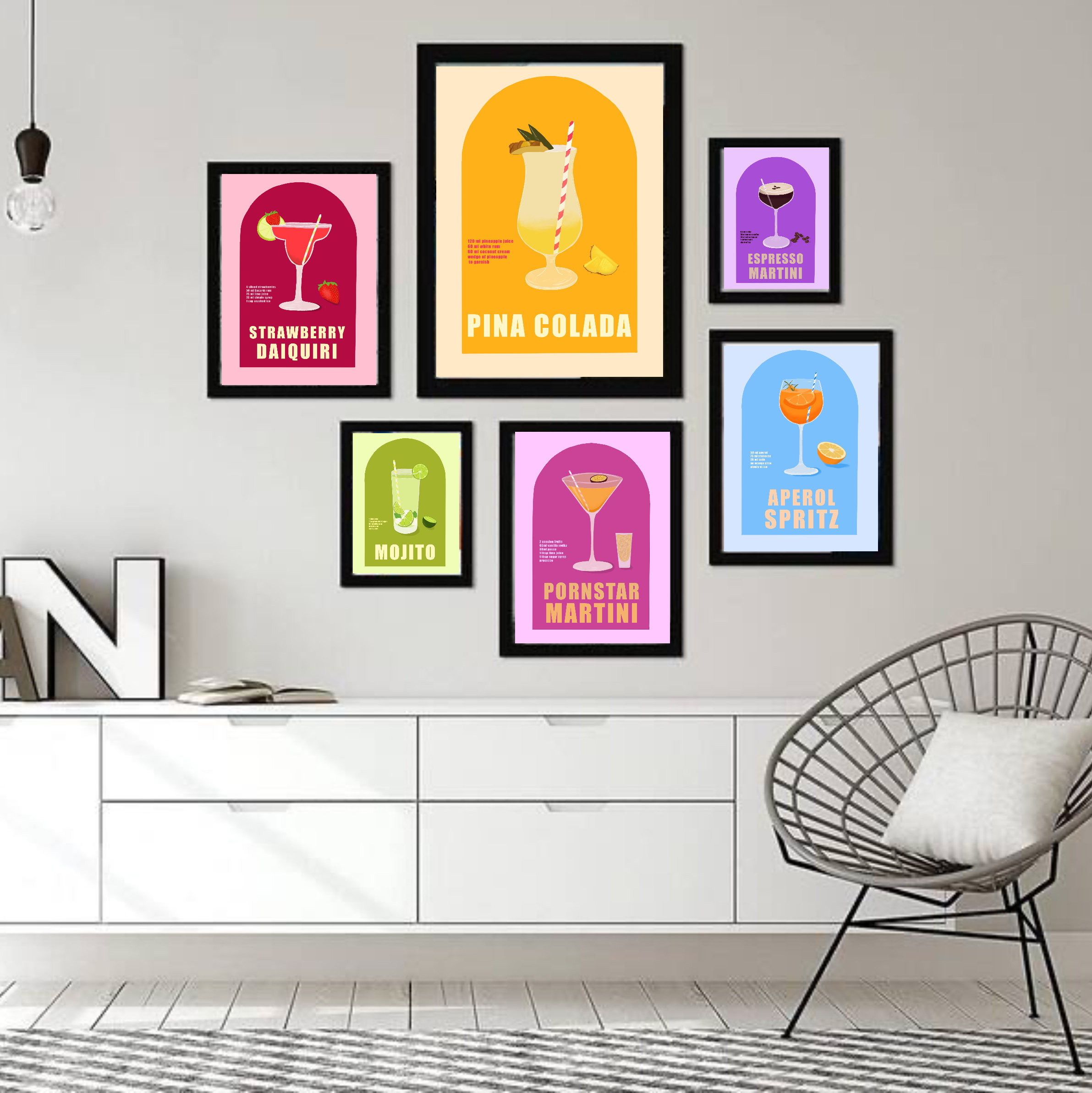 Cocktail Prints Set of 6, Bar Cart Wall Art, Retro Poster Aesthetic ...