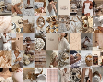 Puede incluir: Un collage de imágenes en tonos beige, marrón y blanco. Las imágenes presentan elementos de moda, comida y estilo de vida. Algunos de los textos en las imágenes incluyen "Desafía los pensamientos negativos" y "Las cosas buenas están llegando".