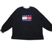vintage TOMMY HILFIGER big logo sweatshirt Size S M men 39 s navy blue rare retro rave hipster clothing hip hop wear streetwear 90s 80s sport