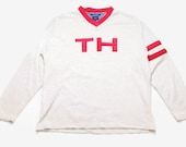 vintage TOMMY HILFIGER big logo sweatshirt Size XL oversized men 39 s rare retro hipster sweater cardigan V neck collar gray red 90s 80s sleeve
