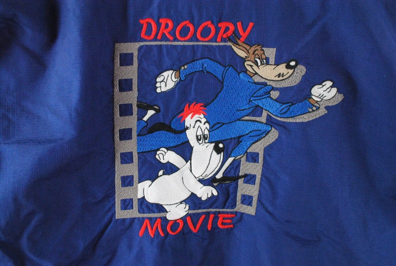 vintage DROOPY Movie Jacket big embroidery logo Tex Avery Aventures Studio wear Size ML blue retro collection hipster 90s cartoon cinema