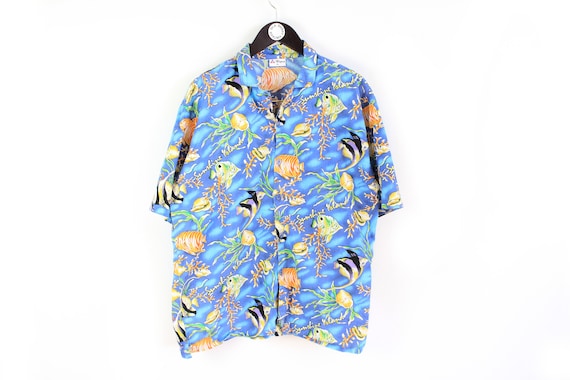 Vintage HAWAII Shirt Beach Tropical Fish Pattern Short Sleeve Authentic  80's Retro Blouse Rare Size XL Button up Shirt Print Pocket 90's -   Canada