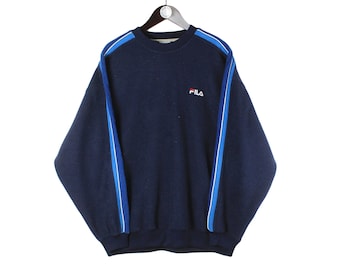 Vintage FILA Fleece Sweatshirt kleines Logo Size L Männer authentisches Marineblau Oversize 90er Jahre Retro Winter Sport Pullover Sweater Ski Sport