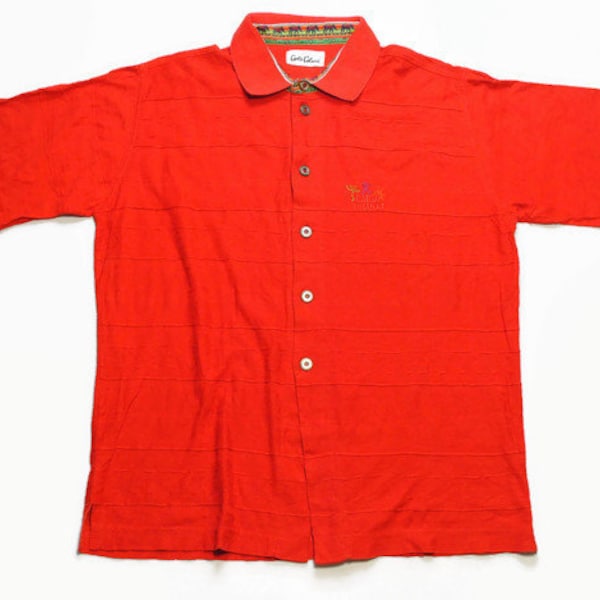 vintage CARLO COLUCCI red cotton Shirt mens authentic 90s retro red button up blouse Size L rare deadstock print t-shirt short sleeve sweat
