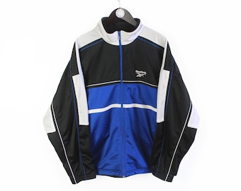 vintage REEBOK Track Jacket Size L big logo authentic rare 90s rave athletic sport UK brand print classic wear light windbreaker blue black