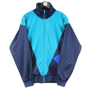 vintage PUMA Trainingsjacke Männer Größe M authentische Retro rave style Sport 90er Jahre kleines Logo Windjacke athletisch Streetwear Kleidung blau