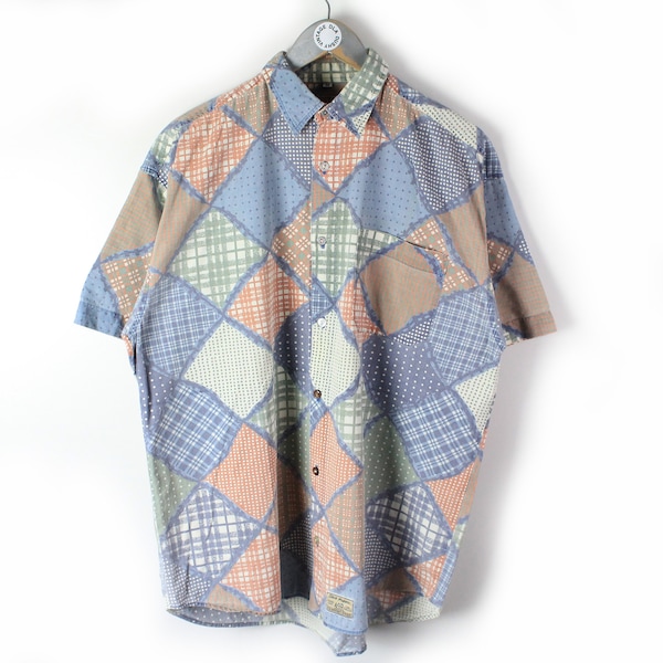 vintage SHIRT Half Sleeve summer Bright Plaid pattern authentic 80s retro blouse t shirt deadstock Size M/L print pocket 90s orange blue