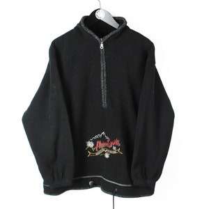 vintage ALPINE SPORTS Switzerland Fleece sweater half zip black sweater Size L retro hipster wear women&#39;s 80&#39;s 90&#39;s mountain flowers pattern