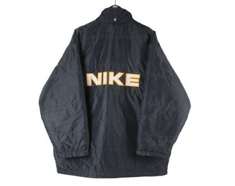 Vintage NIKE-Jacke, Größe L, authentisch, schwarz, großes Logo, Retro-Rave-Sport, sportlich, 90er-Jahre, durchgehender Reißverschluss, Hip-Hop-Streetwear-Windjacke, Übergröße