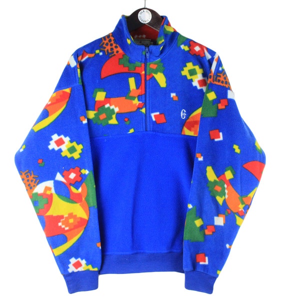 vintage Conte of Florence Fleece 1/4 Zip Sweater bright blue Jumper abstract pattern 90's style Size L retro wear sport clothing ski style