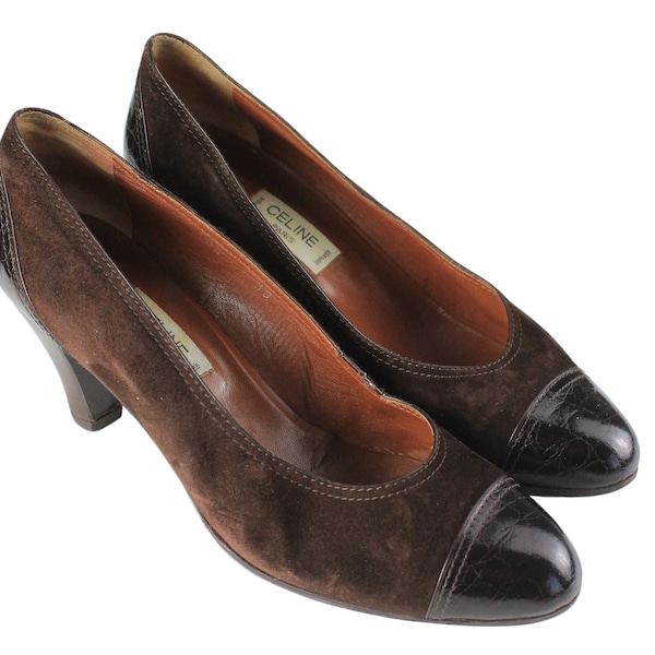 Vintage CELINE Paris Shoes Women's EUR 38 Pump In authentic brown suede leather rare 90s luxury brand vogue retro classic style small heel