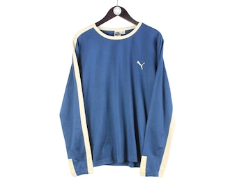 vintage PUMA T-Shirt long sleeve athletic tee retro 90's Size L sweatshirt sport outfit top rave style basic outfit blue cotton crewneck