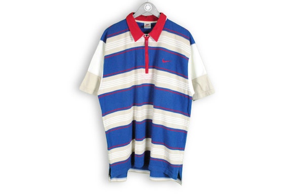 Buy Vintage NIKE Polo T-shirt Striped Pattern Blue Gray 1/4 Zip Online in -
