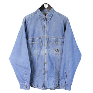 vintage TRUSSARDI denim shirt Size L authentic jean blouse 90&#39;s Italian style retro unisex luxury snap blue oversize classic casual wear