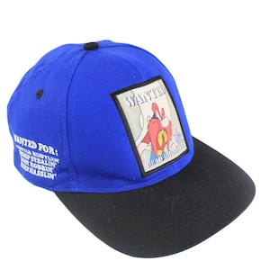 Gorra vintage YOSEMITE SAM Wanted Looney Tunes auténtica y rara de los años 90 con logo grande unisex, colección de dibujos animados estilo Warner Bros, mascotas azules