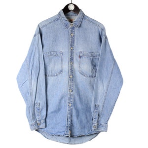 vintage LEVIS denim shirt Size L authentic jean blouse 90s USA style retro western cowboy retro work wear men&#39;s streetwear made in Hong Kong