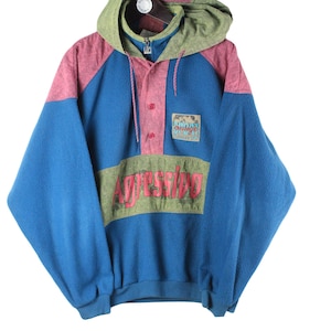 vintage FLEECE Sweater Hoodie Snap Buttons Size XL retro wear 90s mountain winter warm outfit rave clothing hooded jumper outdoor multicolor