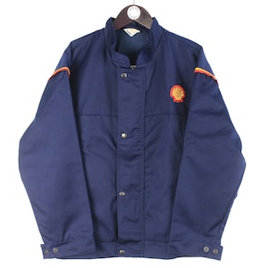 vintage SHELL Jacket Size M navy blue race team full zip rare retro 90s logo auto sports racing classic champions work wear mechanic coat