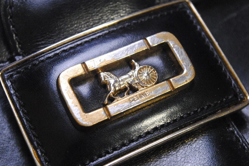 Vintage CELINE Black Leather Bag Women's Crossbody Shoulders Bag