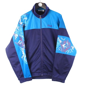 Vintage FILA Trainingsjacke Männer Grösse L authentische Sport Retro 90er Streetwear abstraktes Muster Windjacke oversize full zip blau sportlich