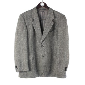 vintage HARRIS TWEED authentic Blazer Jacket gray Pure new Wool retro style Size S 90s UK style casual button up men&#39;s 2 buttons