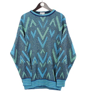 vintage HUGO BOSS Sweater Size XL men&#39;s blue wool retro knitted luxury long sleeve jumper crewneck 90&#39;s pullover abstract pattern