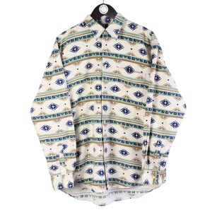 vintage Flannel Shirt Size L authentic blouse 90s style white abstract pattern retro western outdoor retro men&#39;s streetwear button classic