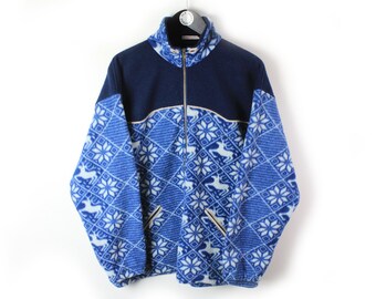 vintage FLEECE Full Zip Sweater blue abstract pattern Size M/L retro wear men's 90's 80's winter sweater warm ski outfit outdoor jumper