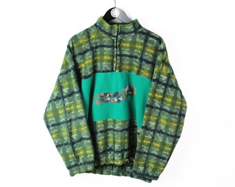 vintage FLEECE Sweater 1/4 zip oversize men&#39;s green plaid pattern Size S/M 90&#39;s ski outfit warm rare retro winter mountains sport pullover