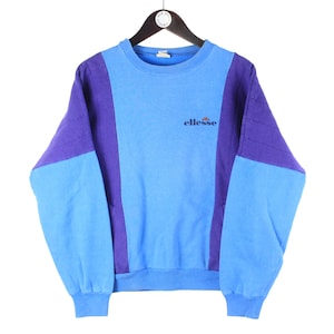 Moletom vintage ELLESSE azul com logo pequeno tamanho M feminino anos 80, suéter esportivo de algodão, gola redonda, retrô, manga comprida, esportivo, streetwear