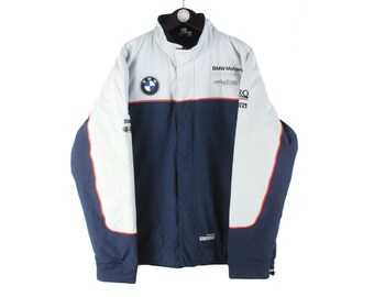 vintage BMW Motorrad Jacket race Full Zip navy blue white big logo auto sport GP racing style Size men's XL retro 90's sport windbreaker