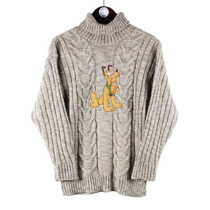 Suéter vintage PLUTO con cuello redondo, auténtico logotipo grande de dibujos animados, estilo retro de los años 90, gris, talla S, jersey de invierno para mujer, Disney Mickey Mouse