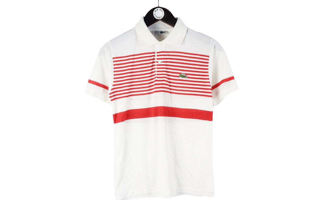 トップス 80s LACOSTE Polo Shirts Made in France Vtg c1980s Chemise Lacoste Made in France Red ~S 2-Button
