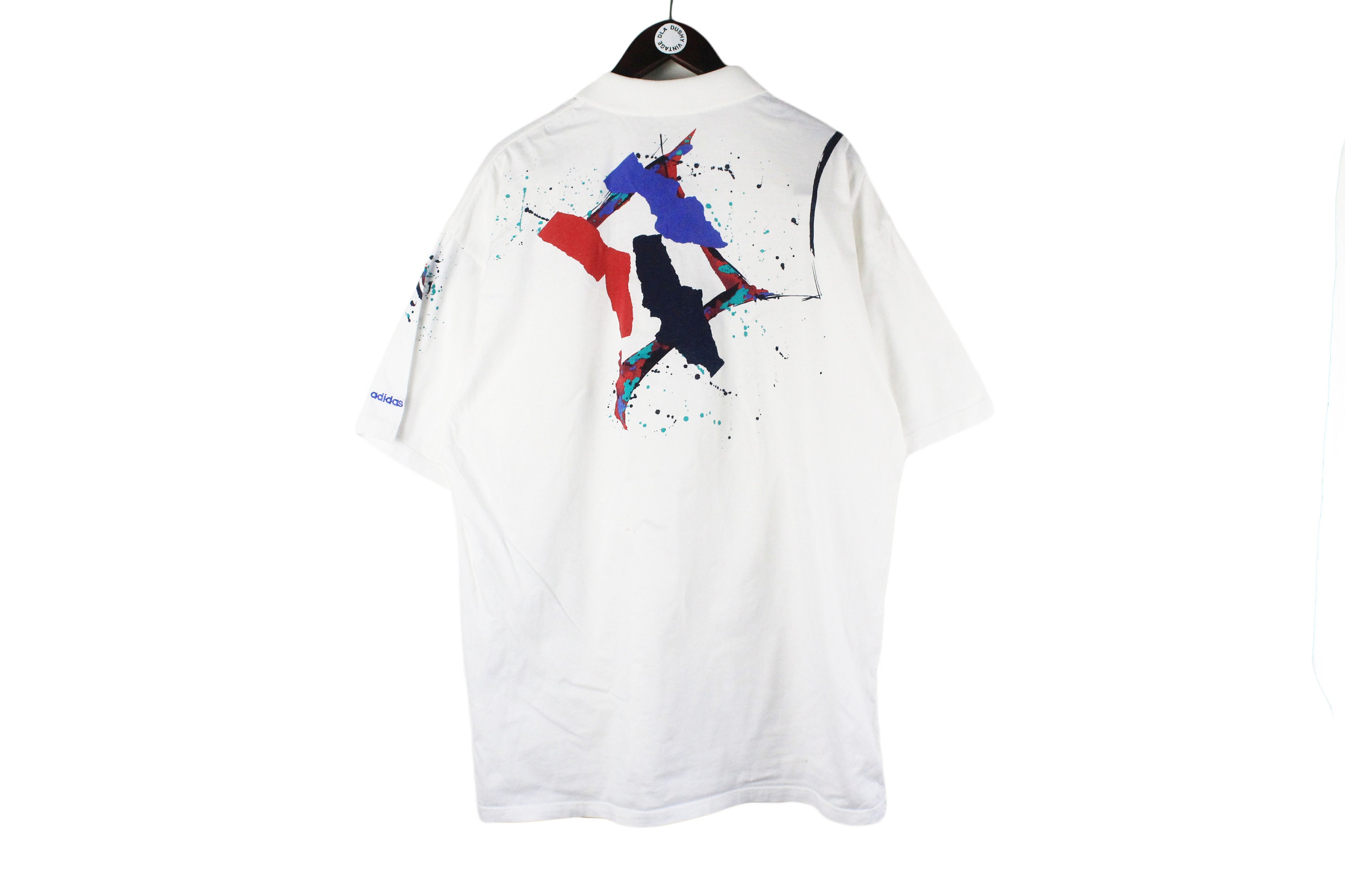 vintage ADIDAS Polo T-Shirt white abstract pattern tennis top Size XXL men's rare originals 90's retro sportswear summer tee short sleeve