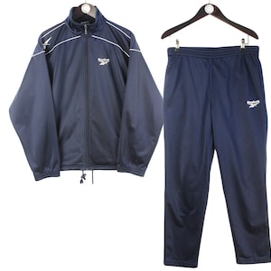 vintage REEBOK tracksuit Size S retro navy blue sport wear rave 00&#39;s 90&#39;s windbreaker authentic men&#39;s track suit jacket and pants small logo