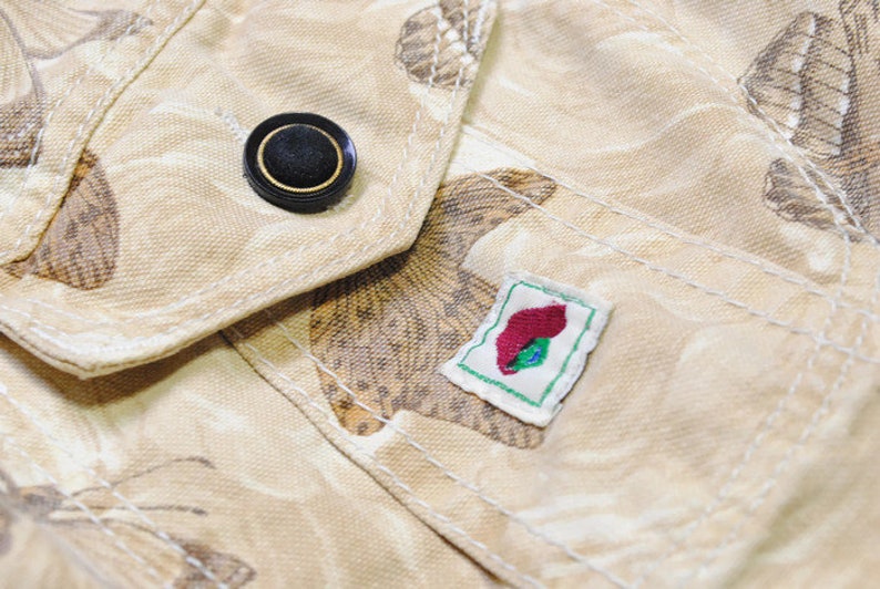vintage KENZO Jeans women/'s beige jean jacket SIZE L authentic wave jeans denim floral butterfly pattern print art 80s 90s bomber button up