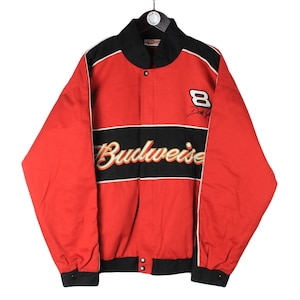 vintage BUDWEISER Team Dale Earnhardt Jr NASCAR Jacket men&#39;s Size L big logo authentic retro racing 00&#39;s sport athletic windbreaker mechanic