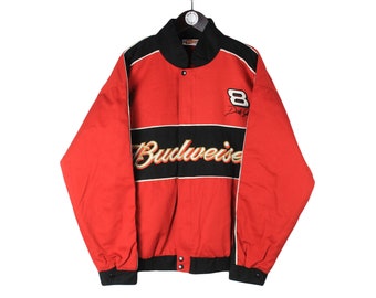Jaqueta vintage BUDWEISER Team Dale Earnhardt Jr NASCAR masculina tamanho G, com logo grande, autêntica, retrô, estilo corrida, anos 2000, esportiva, corta-vento, para mecânico.