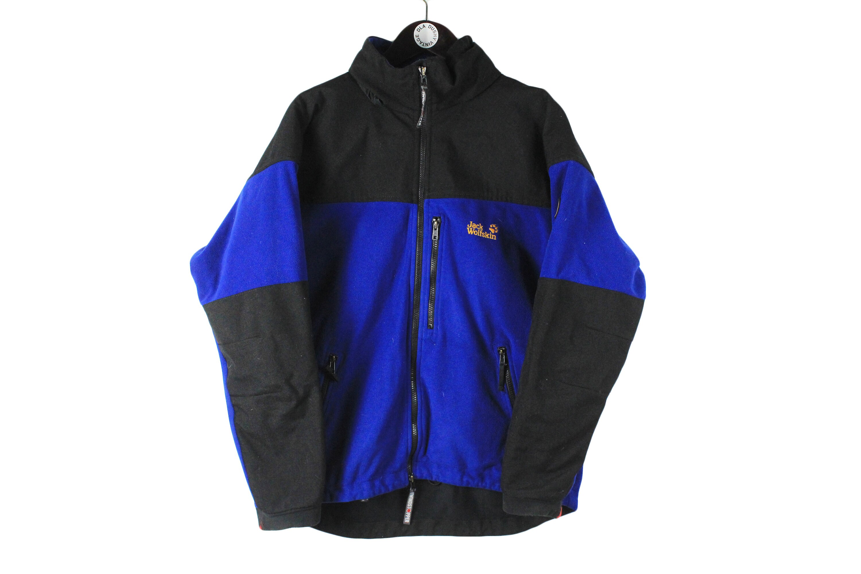Vintage Jack Wolfskin Fleece Jacket Size L Men's Full Zip Black Blue Outdoor Winter Warm Retro 90's Style Ski Mountain Rare Windbreaker
